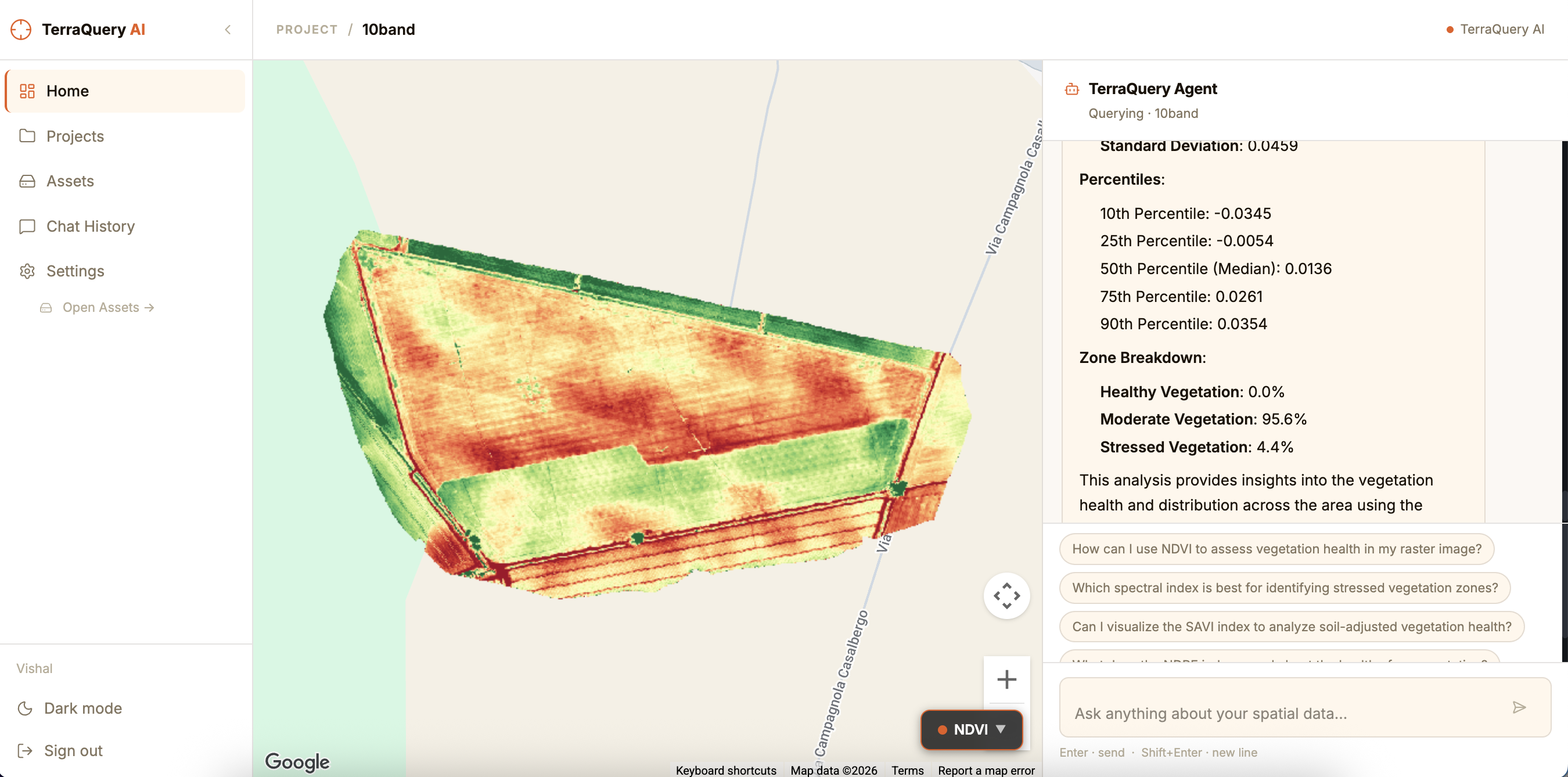 The Dashboard showing an NDVI-colored orthomosaic on the map with the TerraQuery Agent panel on the right
